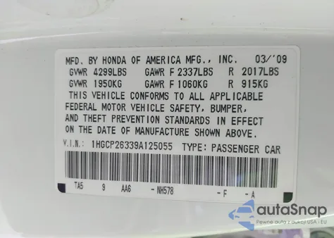 2009 Honda Accord 2.4 Lx из США, поврежденный, VIN 1HGCP26339A125055